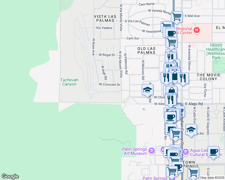 map of restaurants, bars, coffee shops, grocery stores, and more near 698 Las Palmas Estates Drive in Palm Springs