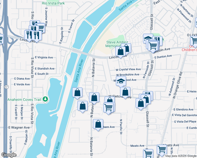 map of restaurants, bars, coffee shops, grocery stores, and more near 805 West Brentwood Avenue in Orange