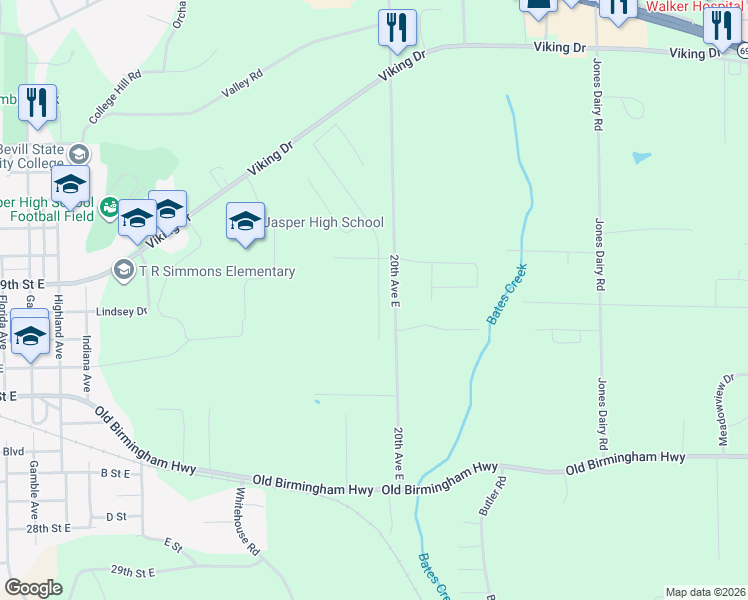 map of restaurants, bars, coffee shops, grocery stores, and more near 1201-1799 20th Avenue East in Jasper