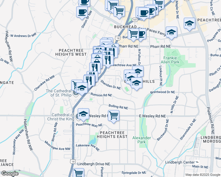 map of restaurants, bars, coffee shops, grocery stores, and more near 65 Sheridan Drive Northeast in Atlanta