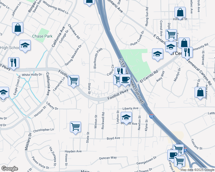 map of restaurants, bars, coffee shops, grocery stores, and more near 1801 Marquez Way in Corona