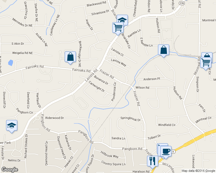map of restaurants, bars, coffee shops, grocery stores, and more near 2903 Bonanza Drive in Decatur