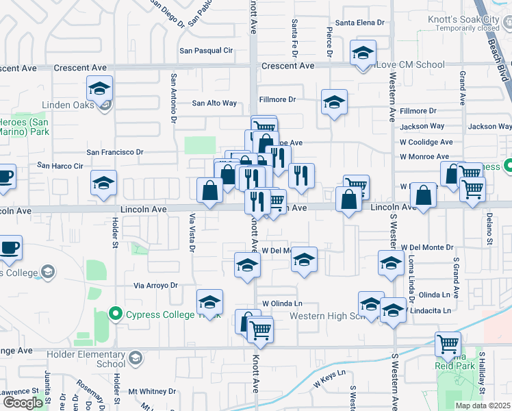 map of restaurants, bars, coffee shops, grocery stores, and more near 6741 West Lincoln Avenue in Buena Park
