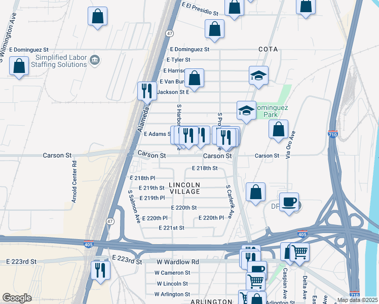 map of restaurants, bars, coffee shops, grocery stores, and more near 2617 East Carson Street in Carson