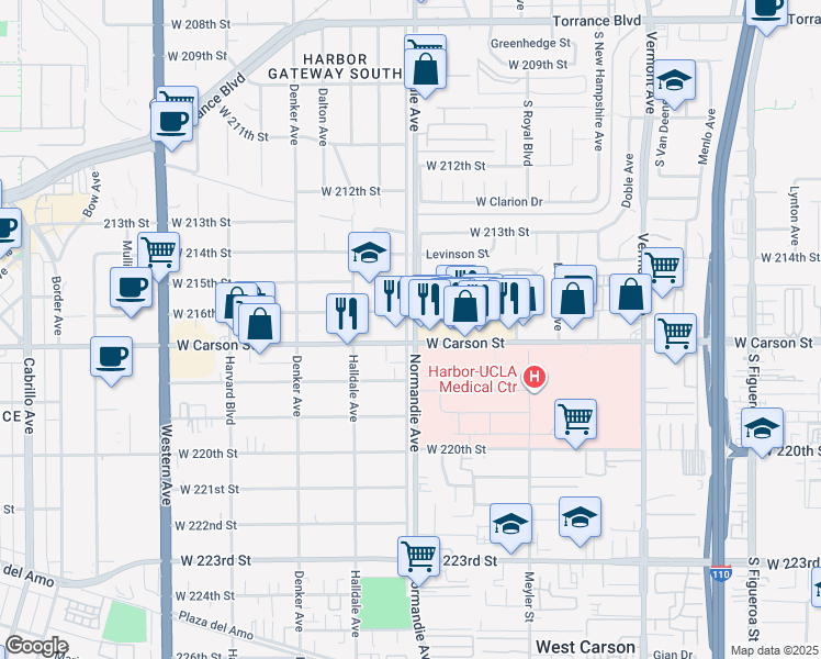 map of restaurants, bars, coffee shops, grocery stores, and more near 21611 Normandie Avenue in Torrance