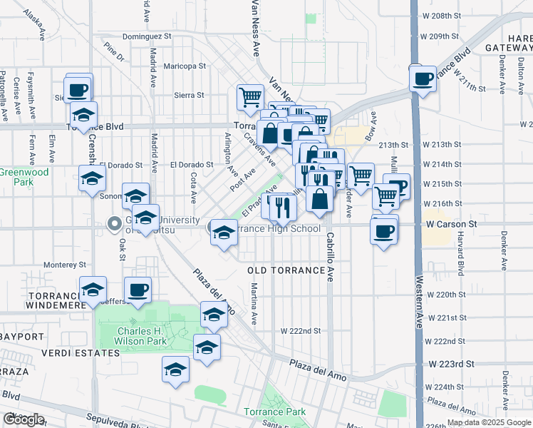 map of restaurants, bars, coffee shops, grocery stores, and more near 1623 Arlington Avenue in Torrance