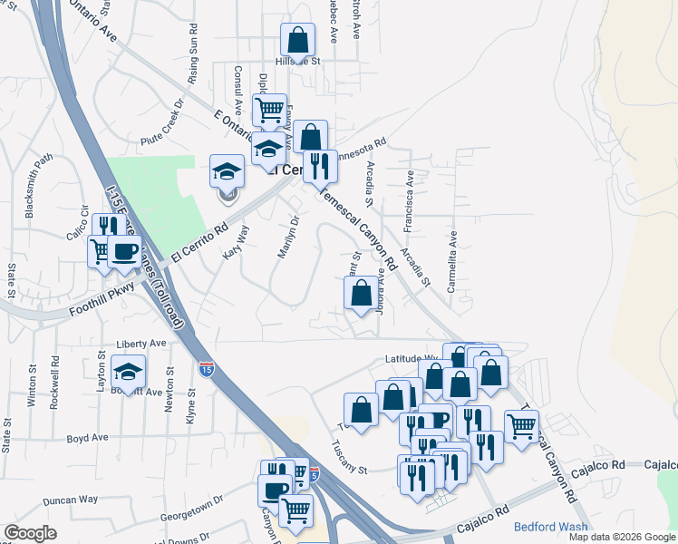 map of restaurants, bars, coffee shops, grocery stores, and more near 19801 Grant Street in Corona