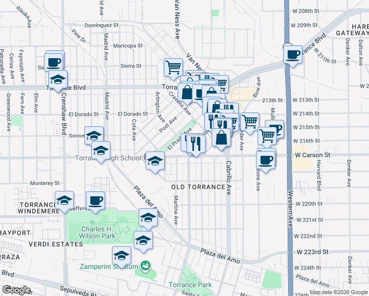 map of restaurants, bars, coffee shops, grocery stores, and more near 1623 Arlington Avenue in Torrance