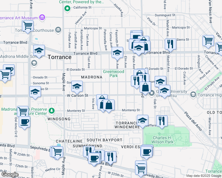 map of restaurants, bars, coffee shops, grocery stores, and more near 1628 Greenwood Avenue in Torrance