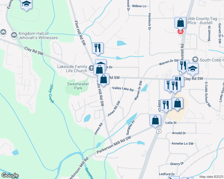 map of restaurants, bars, coffee shops, grocery stores, and more near 4991 Valley Lake Road in Austell
