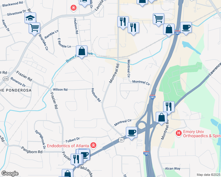 map of restaurants, bars, coffee shops, grocery stores, and more near 1693 Montreal Road in Tucker