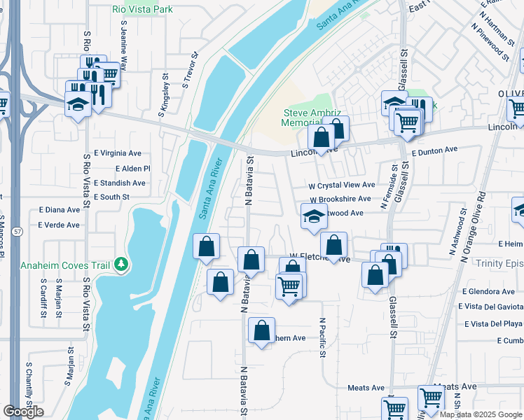 map of restaurants, bars, coffee shops, grocery stores, and more near 805 West Brentwood Avenue in Orange
