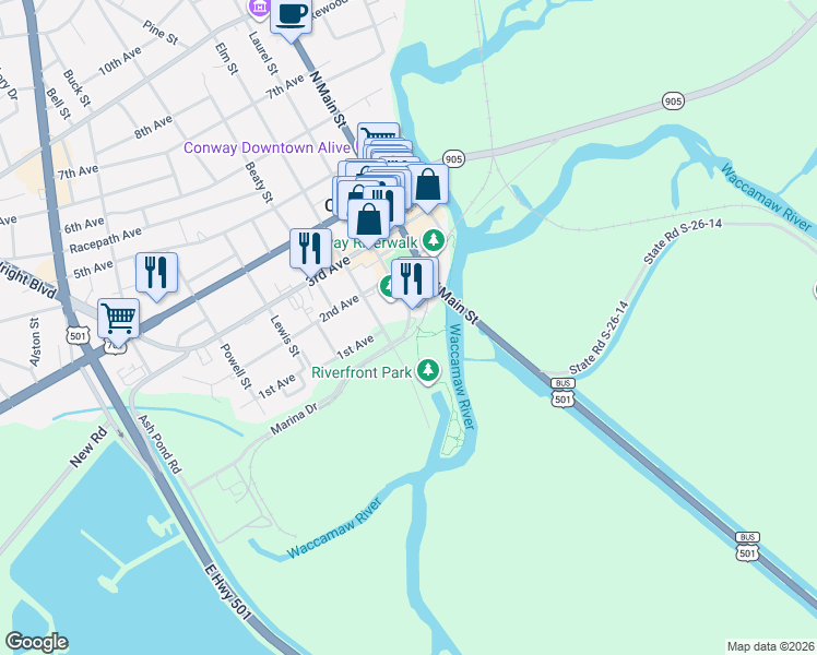 map of restaurants, bars, coffee shops, grocery stores, and more near 18 Elm Street in Conway