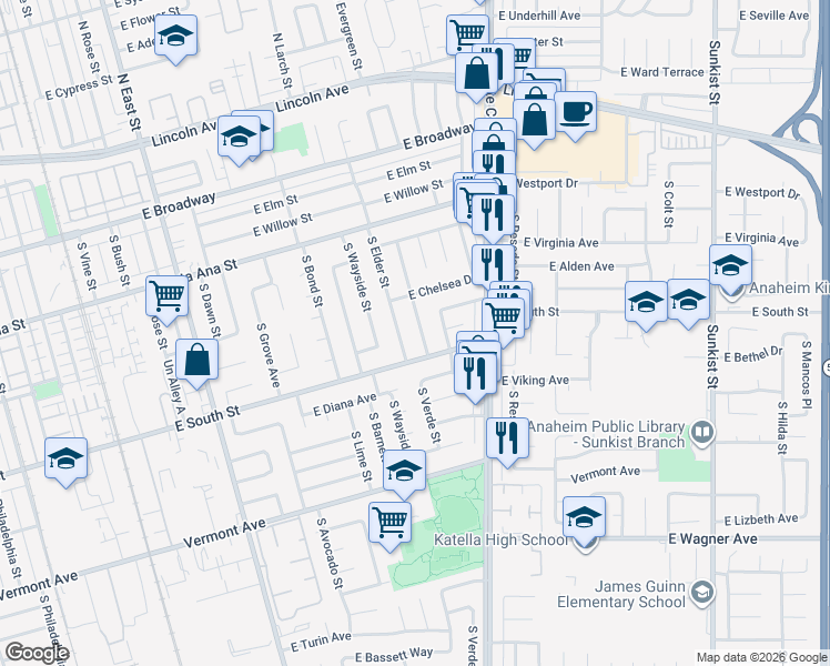 map of restaurants, bars, coffee shops, grocery stores, and more near 616 South Elder Street in Anaheim