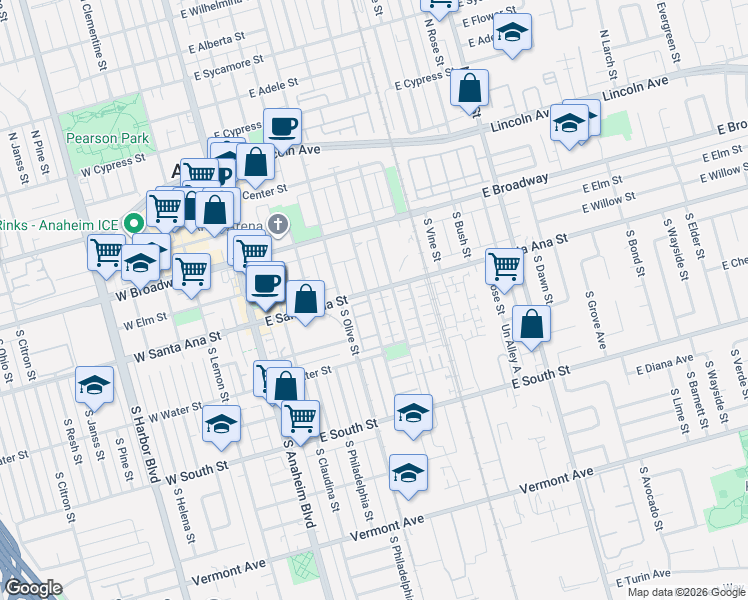 map of restaurants, bars, coffee shops, grocery stores, and more near 428 South Melrose Street in Anaheim
