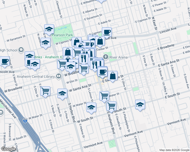 map of restaurants, bars, coffee shops, grocery stores, and more near 111 West Elm Street in Anaheim