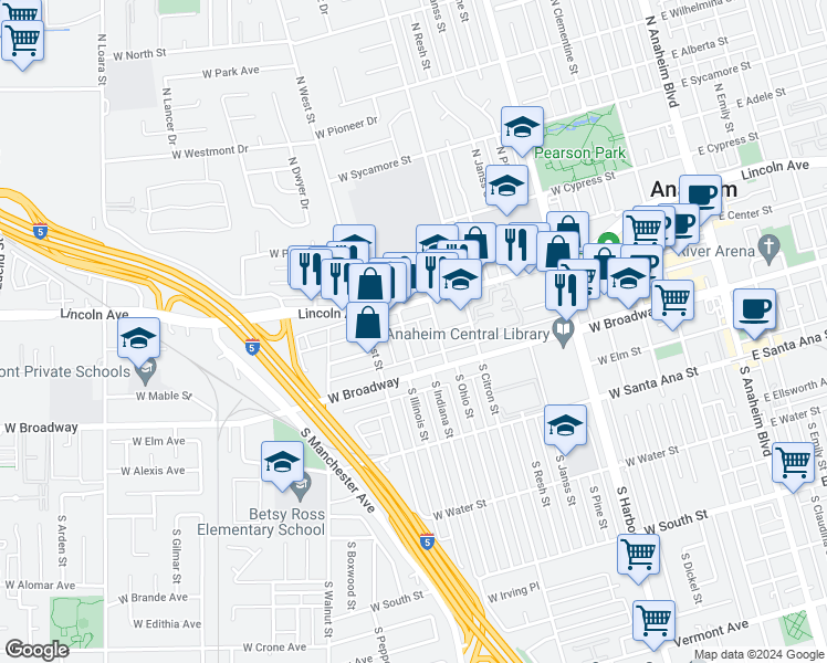map of restaurants, bars, coffee shops, grocery stores, and more near 922 West Lincoln Avenue in Anaheim