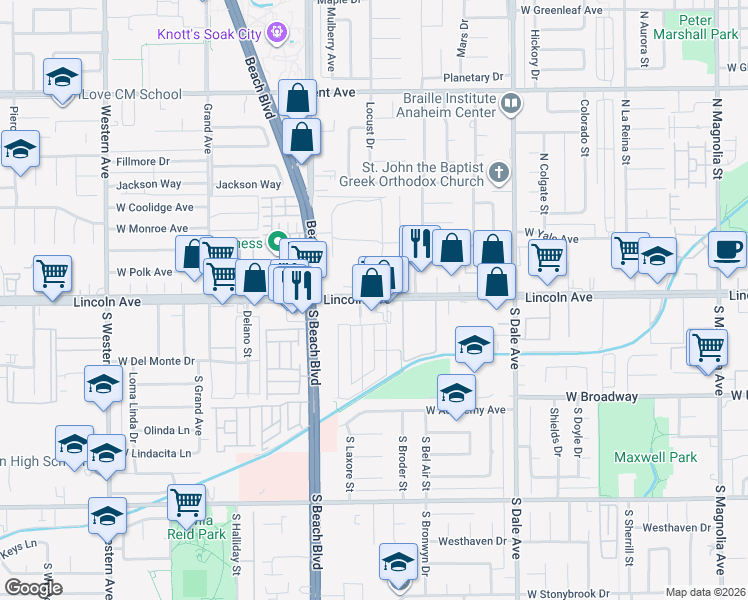 map of restaurants, bars, coffee shops, grocery stores, and more near 2953 West Lincoln Avenue in Anaheim