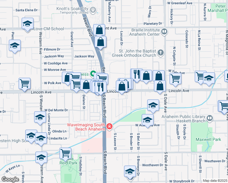 map of restaurants, bars, coffee shops, grocery stores, and more near 2955-2999 W Lincoln Ave in Anaheim