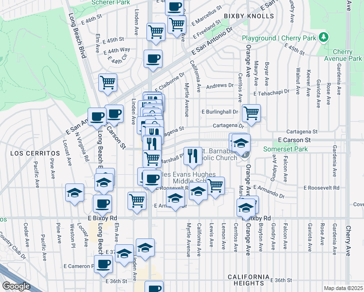 map of restaurants, bars, coffee shops, grocery stores, and more near 835 East Carson Street in Long Beach