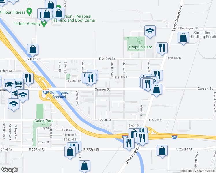 map of restaurants, bars, coffee shops, grocery stores, and more near 1501 East Carson Street in Carson