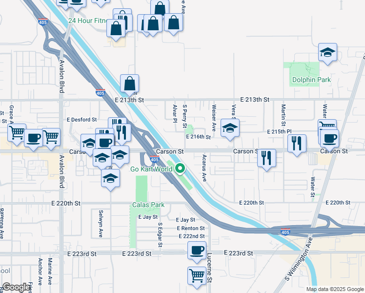 map of restaurants, bars, coffee shops, grocery stores, and more near 1165 East Carson Street in Long Beach