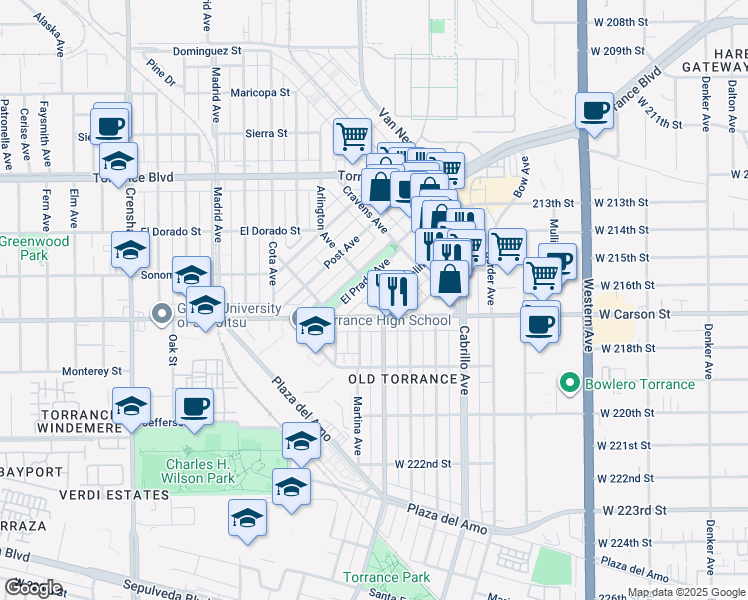map of restaurants, bars, coffee shops, grocery stores, and more near 1500 El Prado Avenue in Torrance