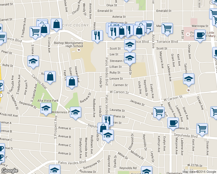 map of restaurants, bars, coffee shops, grocery stores, and more near 21609 Palos Verdes Boulevard in Torrance