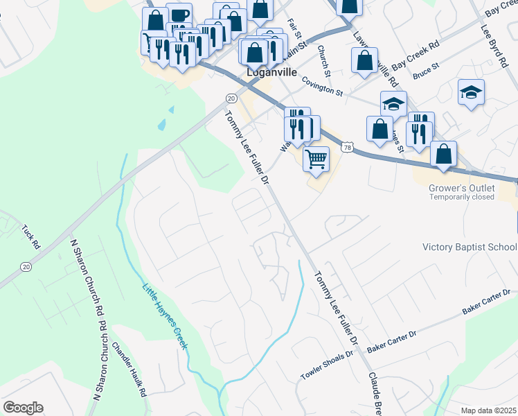 map of restaurants, bars, coffee shops, grocery stores, and more near 802 Village Place in Loganville