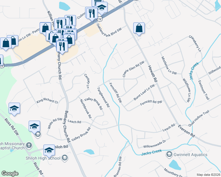 map of restaurants, bars, coffee shops, grocery stores, and more near 3948 Ferncliff Road Southwest in Snellville