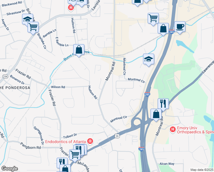 map of restaurants, bars, coffee shops, grocery stores, and more near 1693 Montreal Road in Tucker