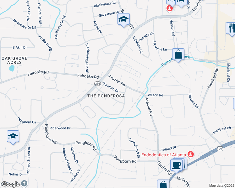 map of restaurants, bars, coffee shops, grocery stores, and more near 2903 Bonanza Drive in Decatur