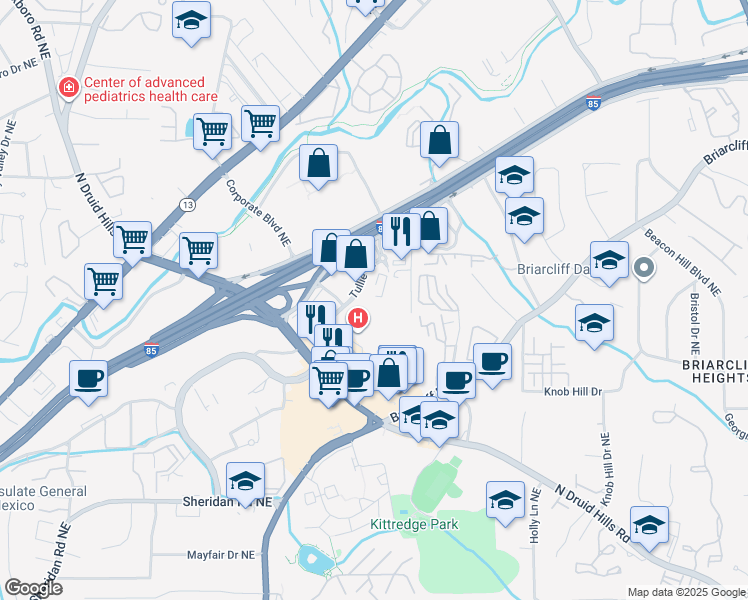map of restaurants, bars, coffee shops, grocery stores, and more near 2801 Briarcliff Rd NE in Atlanta