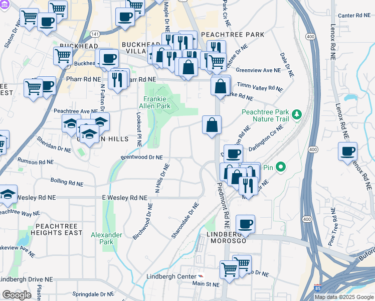 map of restaurants, bars, coffee shops, grocery stores, and more near 2836 Alpine Road Northeast in Atlanta