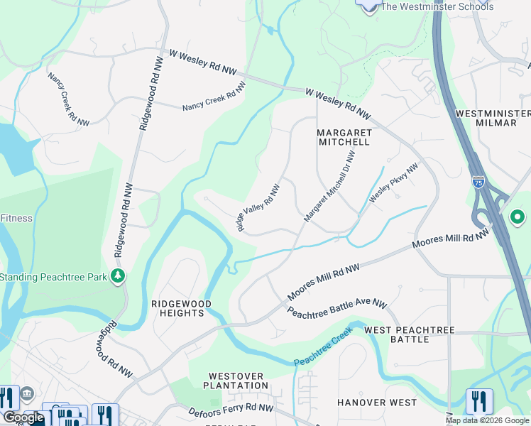 map of restaurants, bars, coffee shops, grocery stores, and more near 2812 Ridge Valley Road Northwest in Atlanta