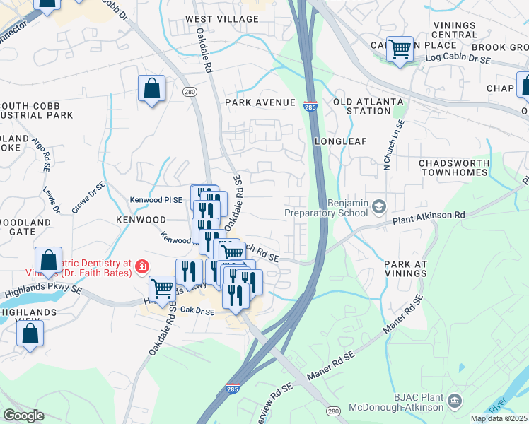 map of restaurants, bars, coffee shops, grocery stores, and more near 2225 Misty Lane Southeast in Smyrna