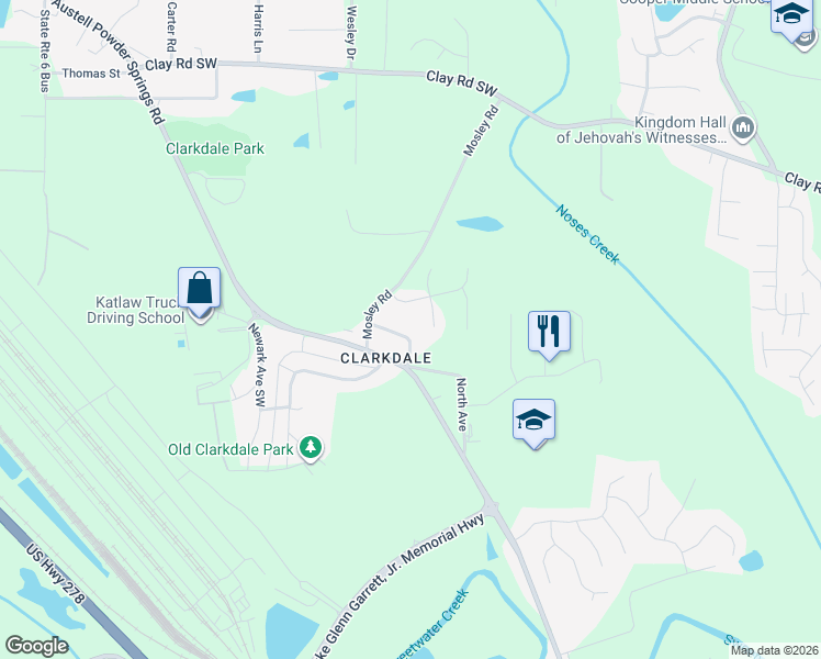 map of restaurants, bars, coffee shops, grocery stores, and more near 3246 Westview Street in Austell