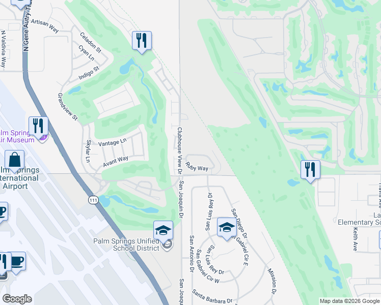 map of restaurants, bars, coffee shops, grocery stores, and more near 67030 Amethyst Way in Cathedral City