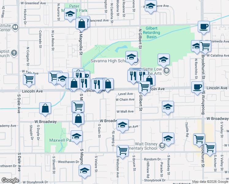 map of restaurants, bars, coffee shops, grocery stores, and more near 108 Level Place in Anaheim
