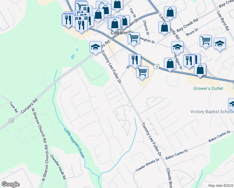 map of restaurants, bars, coffee shops, grocery stores, and more near 802 Village Place in Loganville
