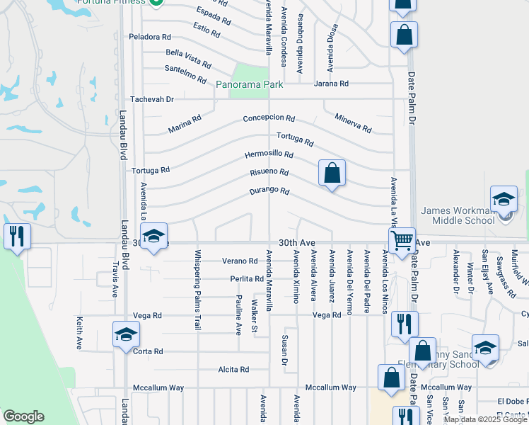 map of restaurants, bars, coffee shops, grocery stores, and more near 29733 Avenida Maravilla in Cathedral City