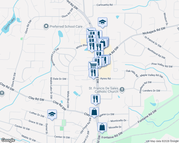 map of restaurants, bars, coffee shops, grocery stores, and more near 917 Joseph Club Drive in Mableton