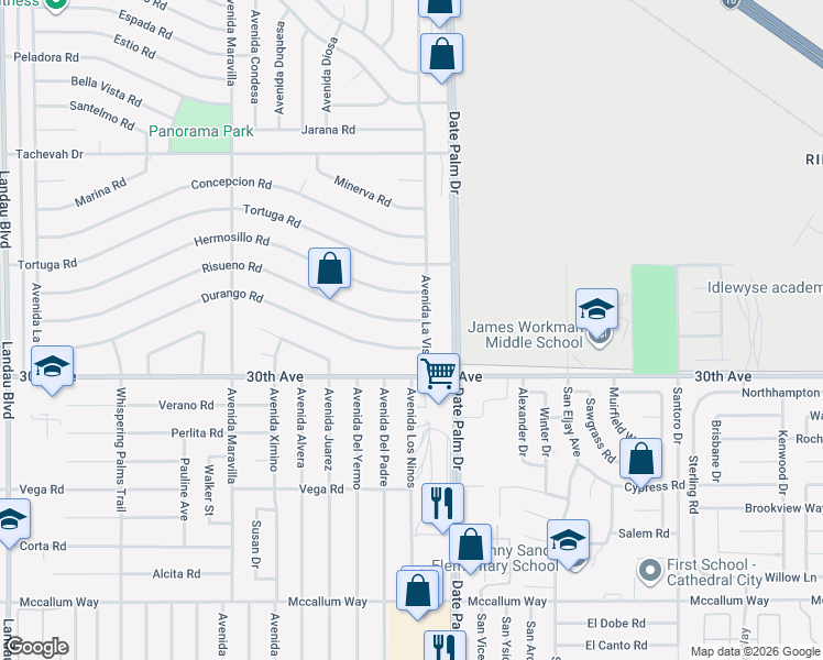 map of restaurants, bars, coffee shops, grocery stores, and more near 68922 Risueno Road in Cathedral City