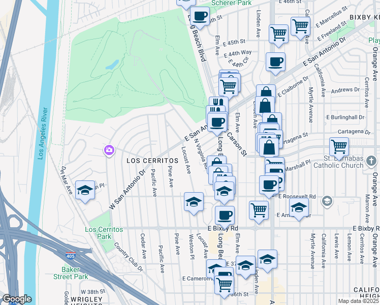 map of restaurants, bars, coffee shops, grocery stores, and more near 4130 Locust Avenue in Long Beach