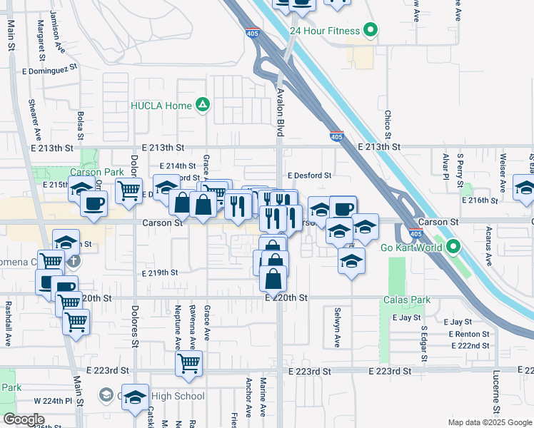 map of restaurants, bars, coffee shops, grocery stores, and more near 649 East Carson Street in Carson