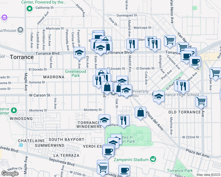 map of restaurants, bars, coffee shops, grocery stores, and more near 1629 Beech Avenue in Torrance