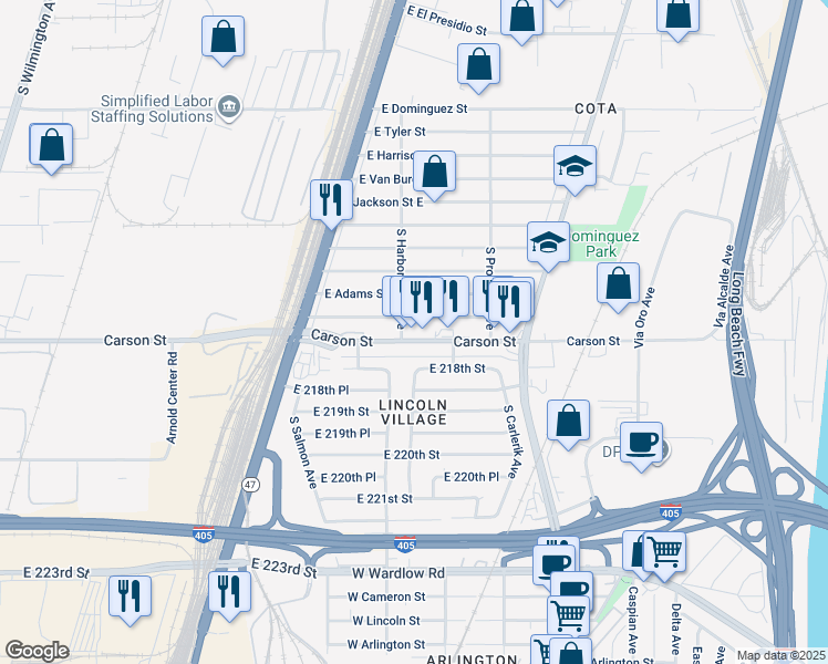 map of restaurants, bars, coffee shops, grocery stores, and more near 2609 East Carson Street in Carson