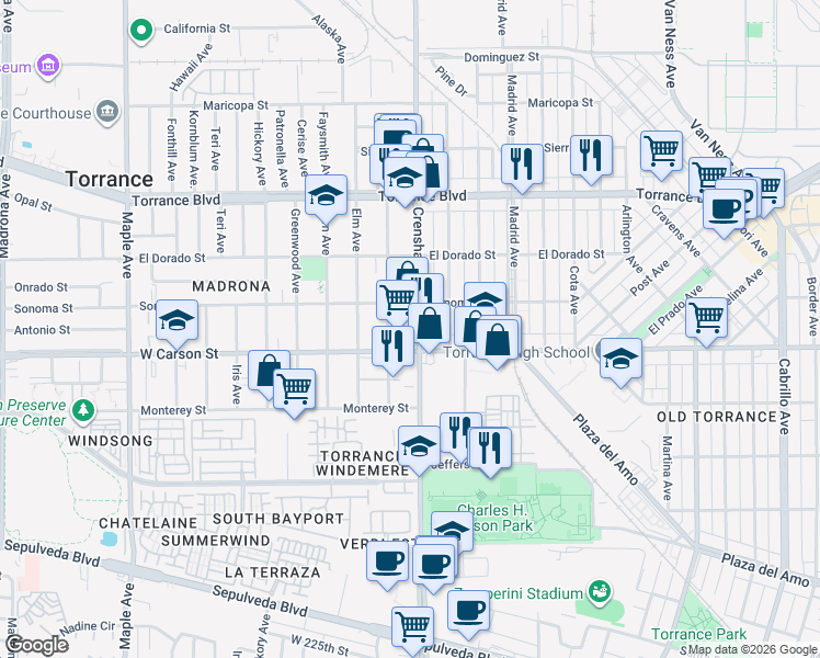 map of restaurants, bars, coffee shops, grocery stores, and more near 1629 Crenshaw Boulevard in Torrance