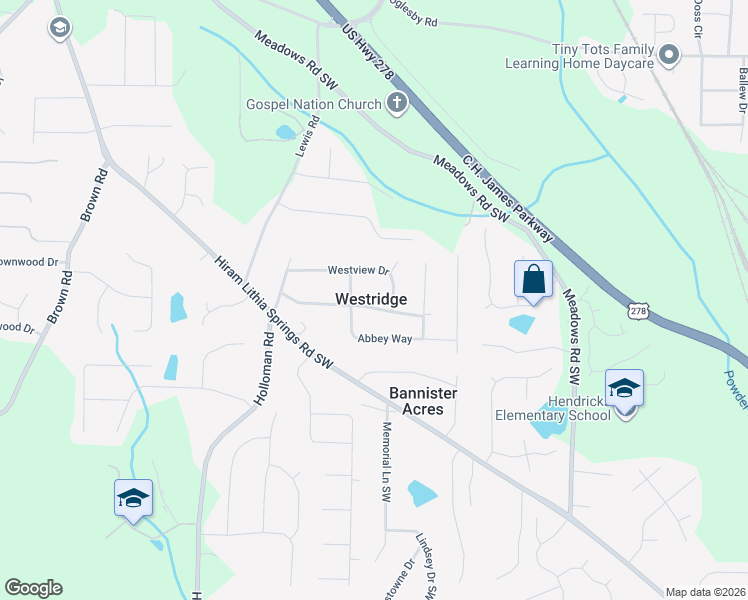 map of restaurants, bars, coffee shops, grocery stores, and more near 4502 Fairfax Place in Powder Springs