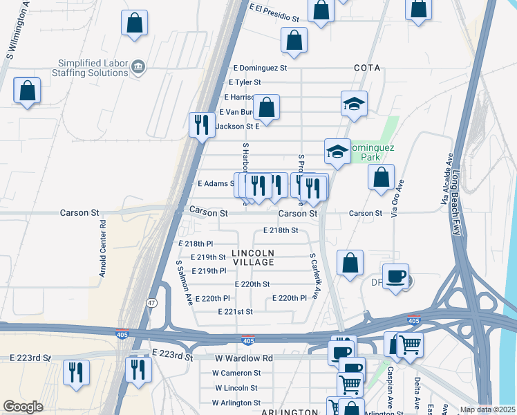 map of restaurants, bars, coffee shops, grocery stores, and more near 2617 East Carson Street in Carson
